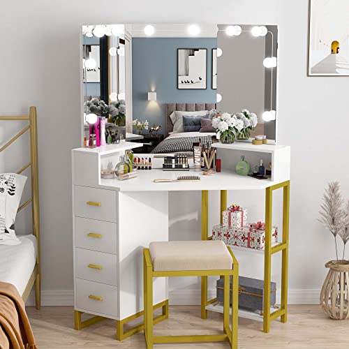 PAKASEPT Corner Vanity Set with Three-Fold Mirror & Light Bulbs, Women Makeup Desk with 4 Storage Drawers for Small Spaces, Bedroom