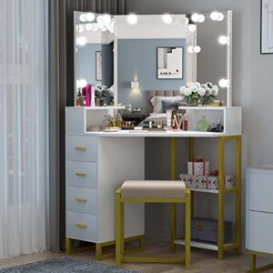 PAKASEPT Corner Vanity Set with Three-Fold Mirror & Light Bulbs, Women Makeup Desk with 4 Storage Drawers for Small Spaces, Bedroom