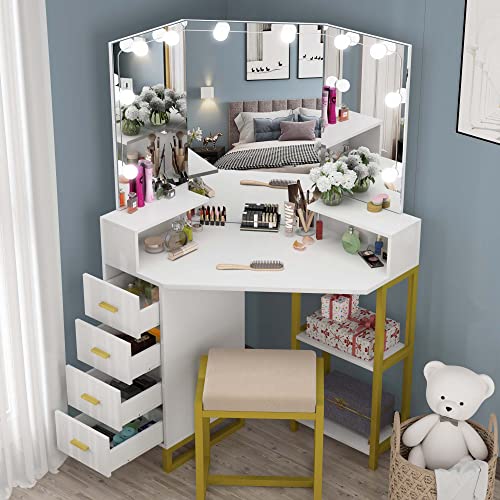PAKASEPT Corner Vanity Set with Three-Fold Mirror & Light Bulbs, Women Makeup Desk with 4 Storage Drawers for Small Spaces, Bedroom