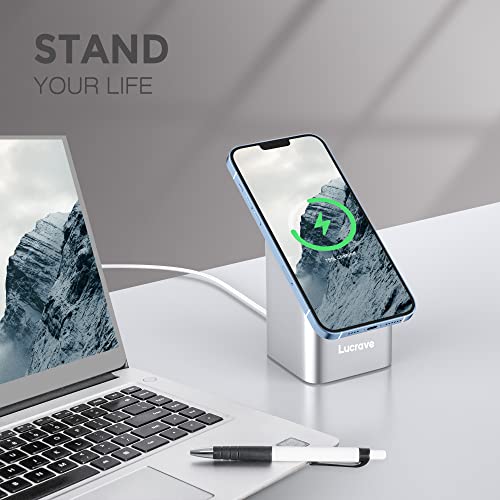 Lucrave Phone Stand for MagSafe Charger, Aluminum Desk Phone Holder Dock for MagSafe Charger, Compatible with iPhone 14 13 12 Mini Plus Pro Pro Max, MagSafe Charger is Not Included, Silver