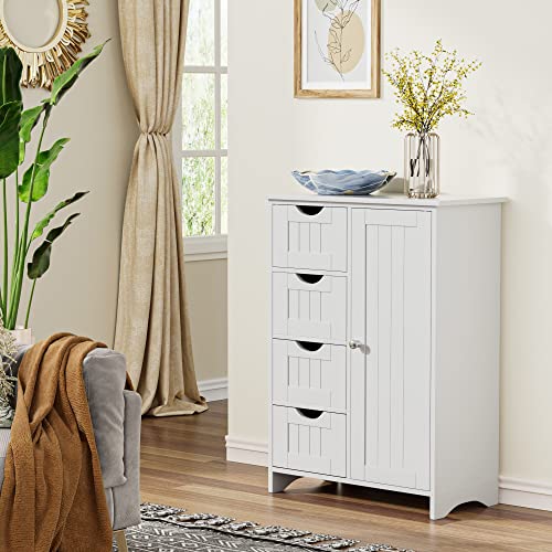 JUMMICO Bathroom Storage Cabinet, Floor Cabinet with 4 Drawers and 1 Adjustable Shelf, Storage Oragnizer for Living Room, Kitchen, Bathroom (White)