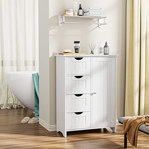 JUMMICO Bathroom Storage Cabinet, Floor Cabinet with 4 Drawers and 1 Adjustable Shelf, Storage Oragnizer for Living Room, Kitchen, Bathroom (White)