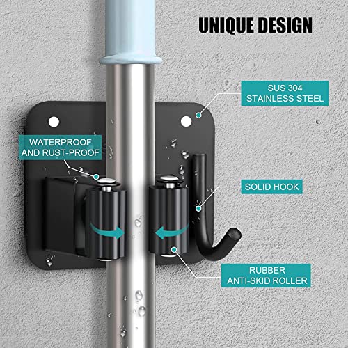 Mop Broom Holder, Fydesion 4 Pcs SUS304 Stainless Steel Mop Holder Broom Holder Wall Mounted Tool Rack for Bathroom Kitchen Office Closet Garden Garage, Self-adhesive and Screw Installation Ways, Black