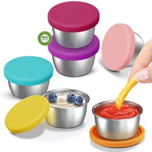 gddgcuo salad dressing container to go, 1.7 oz condiment container with lids, sauce containers for lunch box, leakproof silicone lid, easy open, 304 stainless steel small dipping sauce cups (6 pk)