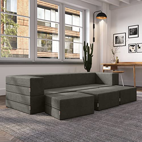 Jaxx Zipline Convertible Sleeper Sofa & Three Ottomans/California King-Size Bed, Textured Microvelvet - Charcoal