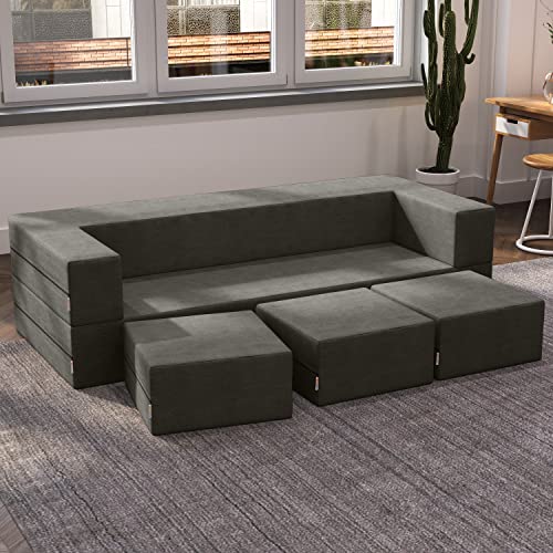 Jaxx Zipline Convertible Sleeper Sofa & Three Ottomans/California King-Size Bed, Textured Microvelvet - Charcoal