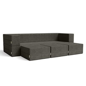 Jaxx Zipline Convertible Sleeper Sofa & Three Ottomans/California King-Size Bed, Textured Microvelvet - Charcoal