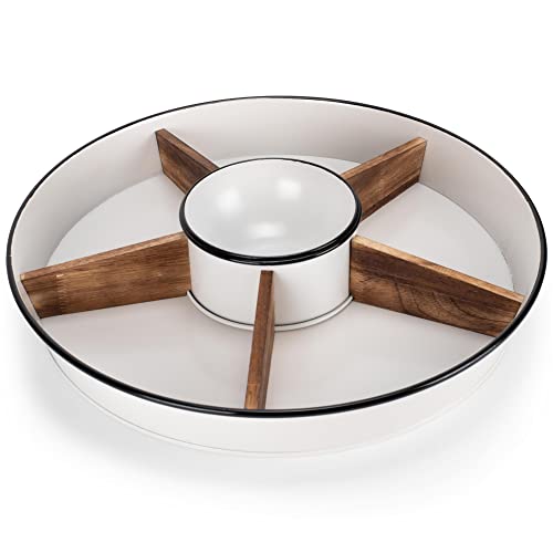 NAT & Jules Wood Partitions Matte White 16 inch Metal Enamel Divided Chip and Dip Tray