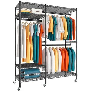 raybee rolling clothes rack with wheels loads 650lbs, clothing racks for hanging clothes, heavy duty clothing rack with wheels, rolling garment rack lockable portable closet, 79" h x45 w x17 d, black