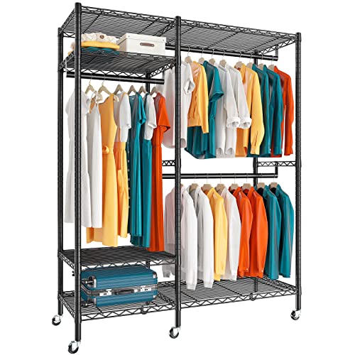 Raybee Rolling Clothes Rack with Wheels Loads 650LBS, Clothing Racks for Hanging Clothes, Heavy Duty Clothing Rack with Wheels, Rolling Garment Rack Lockable Portable Closet, 79" H x45 W x17 D, Black