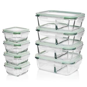 fusion gourmet nestable divided glass meal prep containers, 2 compartment with condiment container [4x 4 cup & 4x 1/2 cup] airtight, leak proof, microwave safe for portion control (green)