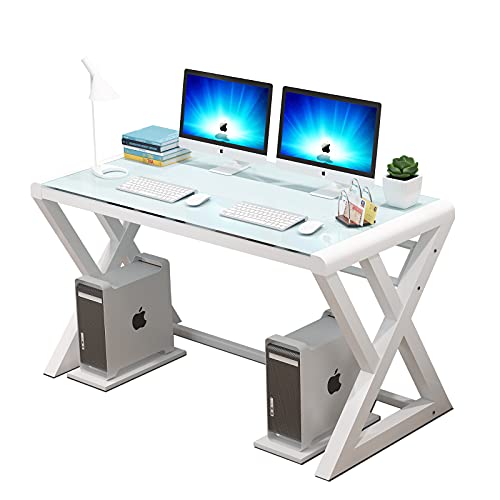 IPKIG 55.1Inch Tempered Glass Computer Desk w/Glass Top Metal Frame, Office Desk Computer Table Modern Office Study Work Writing Desk Table for Home Office Personal Workstation (White-55.1 Inch)