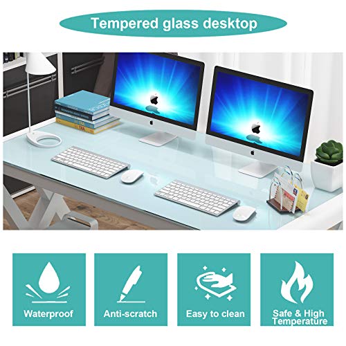 IPKIG 55.1Inch Tempered Glass Computer Desk w/Glass Top Metal Frame, Office Desk Computer Table Modern Office Study Work Writing Desk Table for Home Office Personal Workstation (White-55.1 Inch)