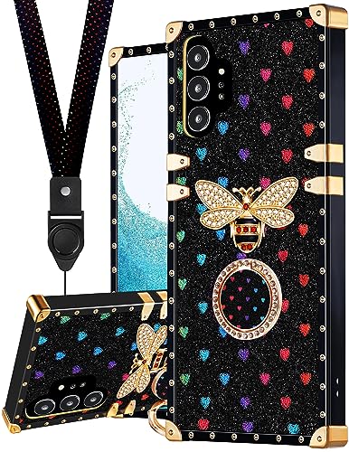 Loheckle for Square iPhone 14 Pro Max Case, Designer Retro Luxury Cases for Women with Ring Stand Holder and Lanyard, Stylish Bee Cute Cover for iPhone 14 Pro Max 6.7 Inch