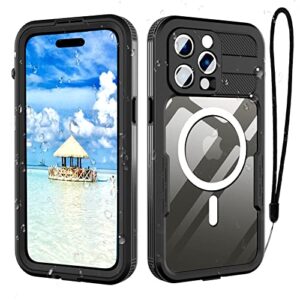 transy iphone 14 pro max waterproof case - 6.7" magsafe compatible, magnetic full protection with lanyard (black)