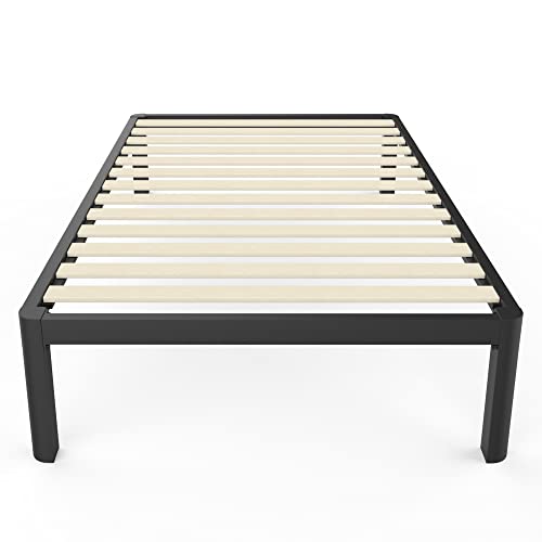 MAF 14 Inch Twin Platform Bed Frames with Wooden Slats, Black 3500 Lbs Heavy Duty Metal Bed Frame with Anti-Collision Round Legs, No Box Spring Needed, Easy Assembly