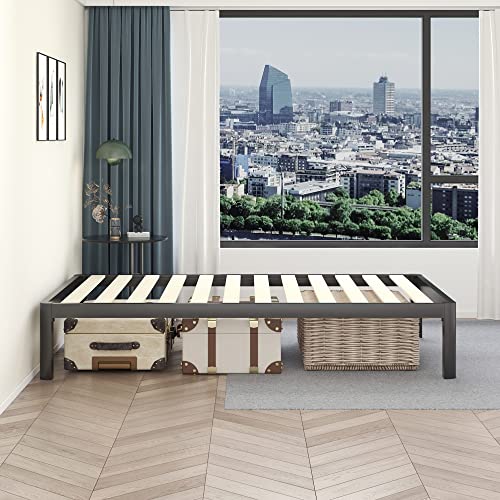 MAF 14 Inch Twin Platform Bed Frames with Wooden Slats, Black 3500 Lbs Heavy Duty Metal Bed Frame with Anti-Collision Round Legs, No Box Spring Needed, Easy Assembly