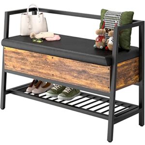 homieasy storage shoe bench with padded seat, entryway bench with lift top storage box, industrial shoe rack bench pu leather cushion holds up to 250 lb for entryway bedroom hallway, rustic brown
