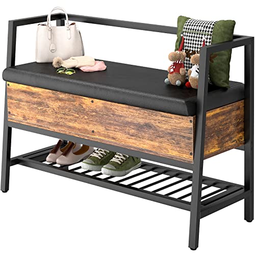 Homieasy Storage Shoe Bench with Padded Seat, Entryway Bench with Lift Top Storage Box, Industrial Shoe Rack Bench PU Leather Cushion Holds Up to 250 LB for Entryway Bedroom Hallway, Rustic Brown