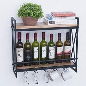 OLDRAINBOW Industrial Wine Racks Wall Mounted with 6 Stem Glass Holder,Rustic Metal Hanging Wine Holder,2-Tiers Wall Mount Bottle Holder Glass Rack (Black, 23.6in)