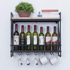 OLDRAINBOW Industrial Wine Racks Wall Mounted with 6 Stem Glass Holder,Rustic Metal Hanging Wine Holder,2-Tiers Wall Mount Bottle Holder Glass Rack (Black, 23.6in)