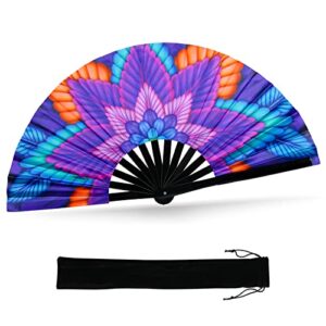 syntecso folding hand fan for rave, uv glow fan, large bamboo fan for drag queene, women and men gift，chinese japanese clack fan for parties, music festivals, edm and decoration