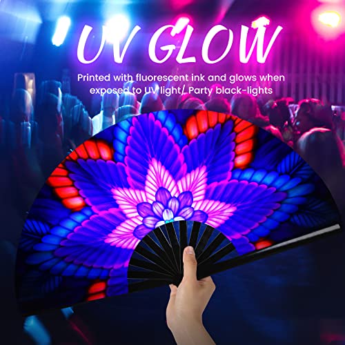 SYNTECSO Folding Hand Fan for Rave, UV Glow Fan, Large Bamboo Fan for Drag Queene, Women and Men Gift，Chinese Japanese Clack Fan for Parties, Music Festivals, EDM and Decoration