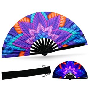 SYNTECSO Folding Hand Fan for Rave, UV Glow Fan, Large Bamboo Fan for Drag Queene, Women and Men Gift，Chinese Japanese Clack Fan for Parties, Music Festivals, EDM and Decoration