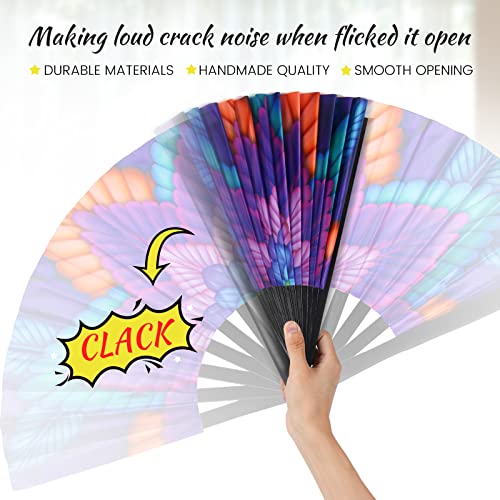 SYNTECSO Folding Hand Fan for Rave, UV Glow Fan, Large Bamboo Fan for Drag Queene, Women and Men Gift，Chinese Japanese Clack Fan for Parties, Music Festivals, EDM and Decoration