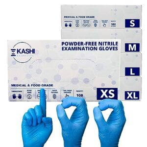 kashi scientific medical examination nitrile gloves - x-small - powder-free, latex-free, finger tip textured gloves, 4 mil thick blue glove, patient safe, food safe - box of 100 nitrile exam gloves