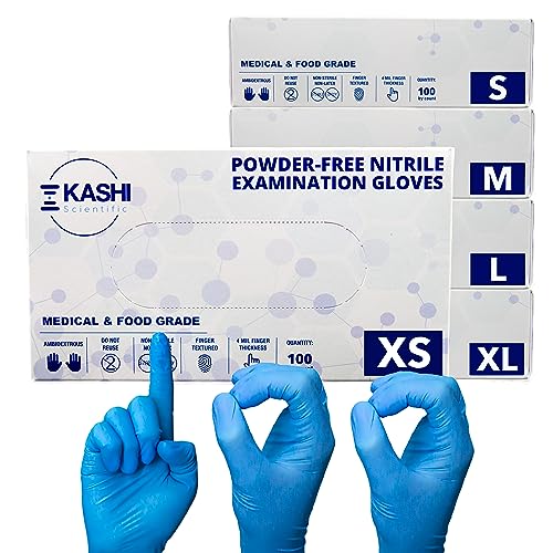 Kashi Scientific Medical Examination Nitrile Gloves - X-Small - Powder-Free, Latex-Free, Finger Tip Textured Gloves, 4 mil Thick Blue Glove, Patient Safe, Food Safe - Box of 100 Nitrile Exam Gloves