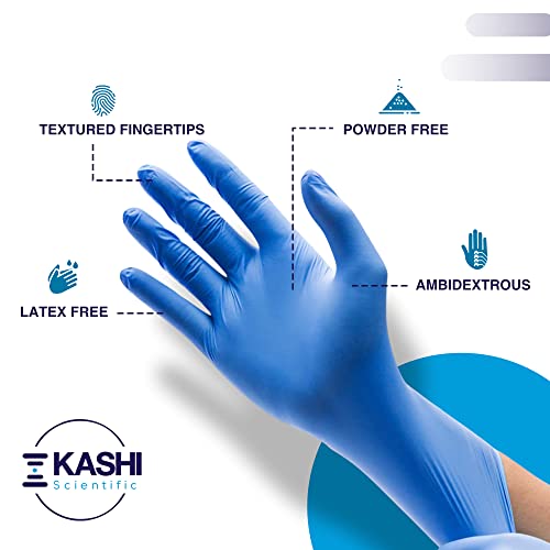 Kashi Scientific Medical Examination Nitrile Gloves - X-Small - Powder-Free, Latex-Free, Finger Tip Textured Gloves, 4 mil Thick Blue Glove, Patient Safe, Food Safe - Box of 100 Nitrile Exam Gloves