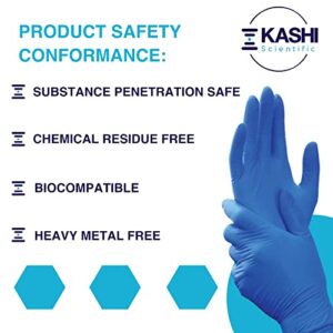 Kashi Scientific Medical Examination Nitrile Gloves - X-Small - Powder-Free, Latex-Free, Finger Tip Textured Gloves, 4 mil Thick Blue Glove, Patient Safe, Food Safe - Box of 100 Nitrile Exam Gloves