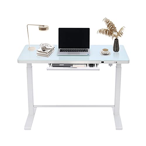 FARRAY Electric Glass Standing Desk with Drawer, 45 x 24 Inch Adjustable Height Desk with Power Strip & USB Ports, White Stand Up Desk, Sit Stand Desk Glass Top