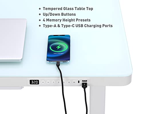 FARRAY Electric Glass Standing Desk with Drawer, 45 x 24 Inch Adjustable Height Desk with Power Strip & USB Ports, White Stand Up Desk, Sit Stand Desk Glass Top