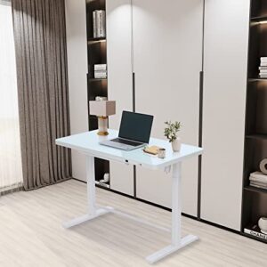 FARRAY Electric Glass Standing Desk with Drawer, 45 x 24 Inch Adjustable Height Desk with Power Strip & USB Ports, White Stand Up Desk, Sit Stand Desk Glass Top