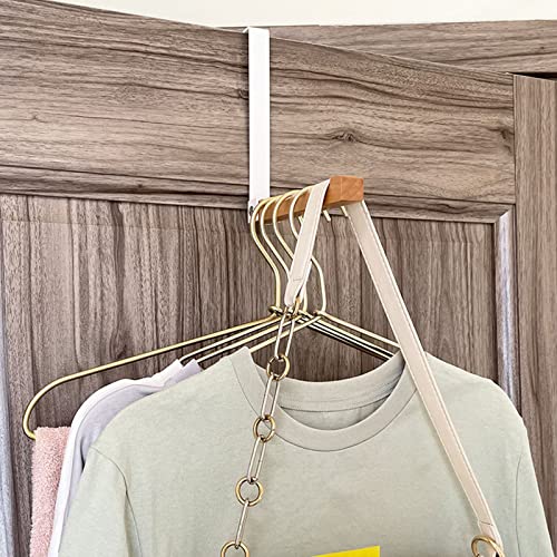 Over The Door Hooks, Foldable Sturdy Metal Wood Combined Door Laundry Hanger with Anti Slip Strip, Portable Door Back Mounted Non-Perforated Clothes Bag Robes Coats Storage Rack Wreath Hanger(2pcs)