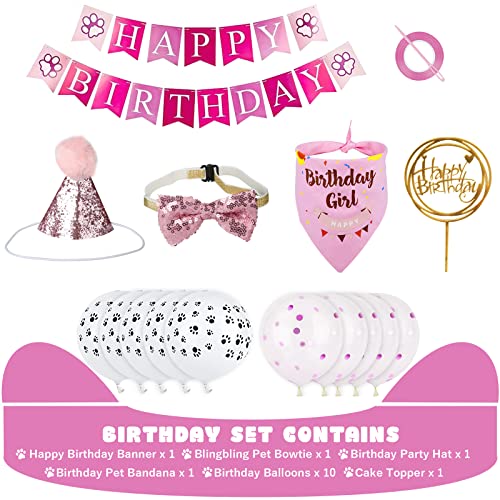 GUOYIHUA Dog Birthday Party Supplies, Dog Birthday Bandana Scarf, Doggie Boy Birthday Party Hat with Number, Bowtie Balloons Banner for Small Medium Dogs Pets, Birthday Party Decorations (6PCS, Pink)