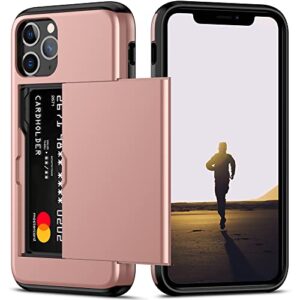 nvollnoe for iphone 11 pro case with card holder heavy duty protective dual layer shockproof hidden card slot slim wallet case for iphone 11 pro for men&women(rose gold)