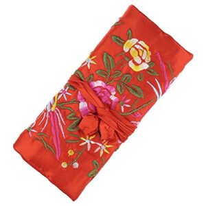 lidwot 1 piece red embroidery flower and bird silk brocade jewelry roll bag,travel jewelry organizer bag with ribbons tie close