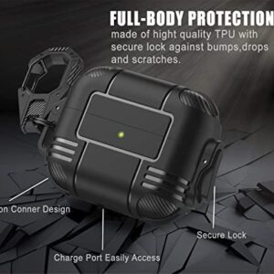 Wonjury for Airpods Pro Case Cover for Men with Lock, Military Armor Series Full-Body AirPod Pro Case with Keychain Cool Air Pod Pro Shockproof Protective Case for AirPods Pro 2019, Spring Lock Black