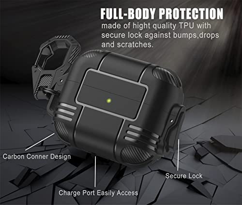 Wonjury for Airpods Pro Case Cover for Men with Lock, Military Armor Series Full-Body AirPod Pro Case with Keychain Cool Air Pod Pro Shockproof Protective Case for AirPods Pro 2019, Spring Lock Black