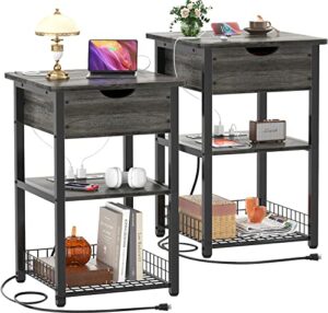 cyclysio nightstand set of 2 with charging station, end table side table with usb ports and outlets, flip top night stands with shelves, slim bedside sofa table for living room, bedroom, gray oak