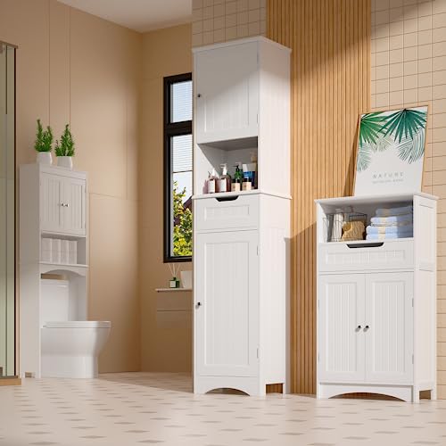 Gizoon 67" H Tall Bathroom Storage Cabinet w/ 2 Doors & 1 Drawer, Narrow Linen Tower Freestanding w/Adjustable Shelves for Home, Kitchen, Versatile, Anti-Tipping, White