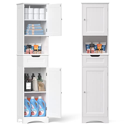 Gizoon 67" H Tall Bathroom Storage Cabinet w/ 2 Doors & 1 Drawer, Narrow Linen Tower Freestanding w/Adjustable Shelves for Home, Kitchen, Versatile, Anti-Tipping, White