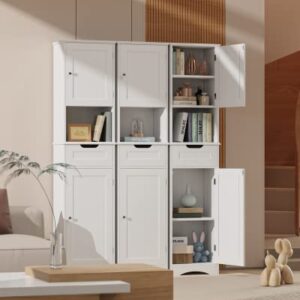 Gizoon 67" H Tall Bathroom Storage Cabinet w/ 2 Doors & 1 Drawer, Narrow Linen Tower Freestanding w/Adjustable Shelves for Home, Kitchen, Versatile, Anti-Tipping, White