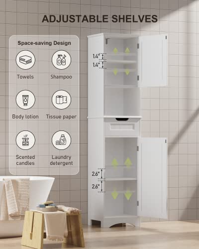 Gizoon 67" H Tall Bathroom Storage Cabinet w/ 2 Doors & 1 Drawer, Narrow Linen Tower Freestanding w/Adjustable Shelves for Home, Kitchen, Versatile, Anti-Tipping, White