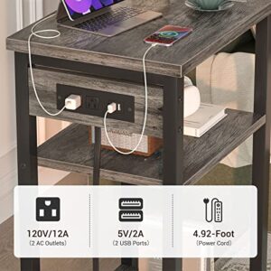 Cyclysio End Table Set of 2 with Charging Station, 3 Tier Small Nightstand with Storage Shelf, Slim Side Table with USB Ports & Outlets, Modern Sofa Bedside Table for Bedroom, Living Room, Gray Oak