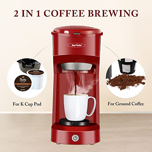 X WINDAZE Single Serve Coffee Maker for K Cup Pod & Coffee Ground, Mini One Cup Coffee Brewer with Filter 6-14oz Reservoir Strength Control,Small Coffee Machines for Office Home Kitchen (Red)