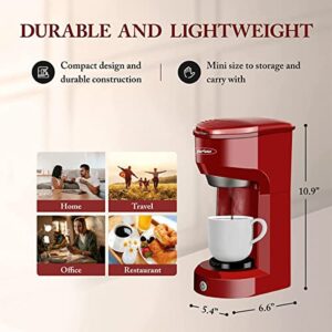 X WINDAZE Single Serve Coffee Maker for K Cup Pod & Coffee Ground, Mini One Cup Coffee Brewer with Filter 6-14oz Reservoir Strength Control,Small Coffee Machines for Office Home Kitchen (Red)